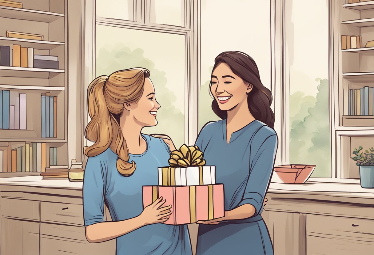 A woman smiling while receiving a thoughtful gift from her sister-in-law