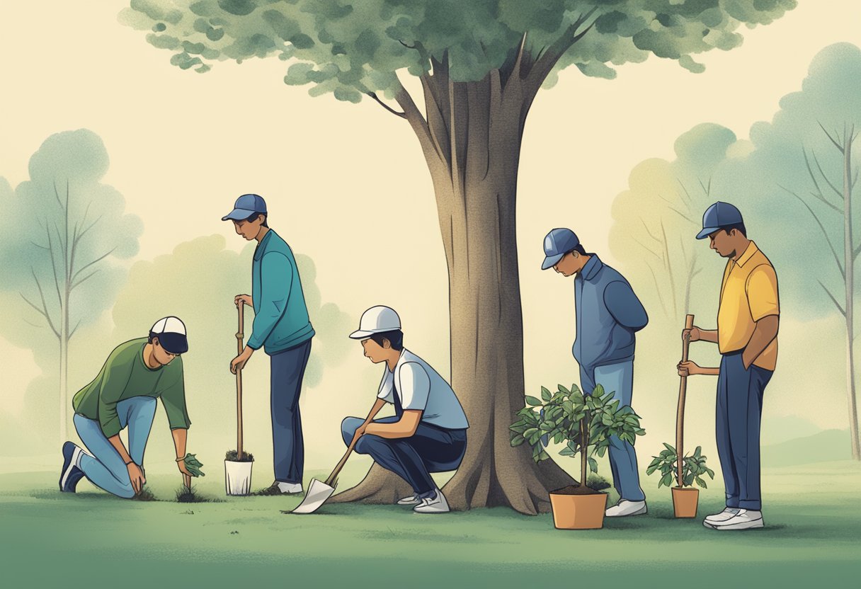 A person planting a tree while others watch, illustrating the concept of "actions speak louder than words."