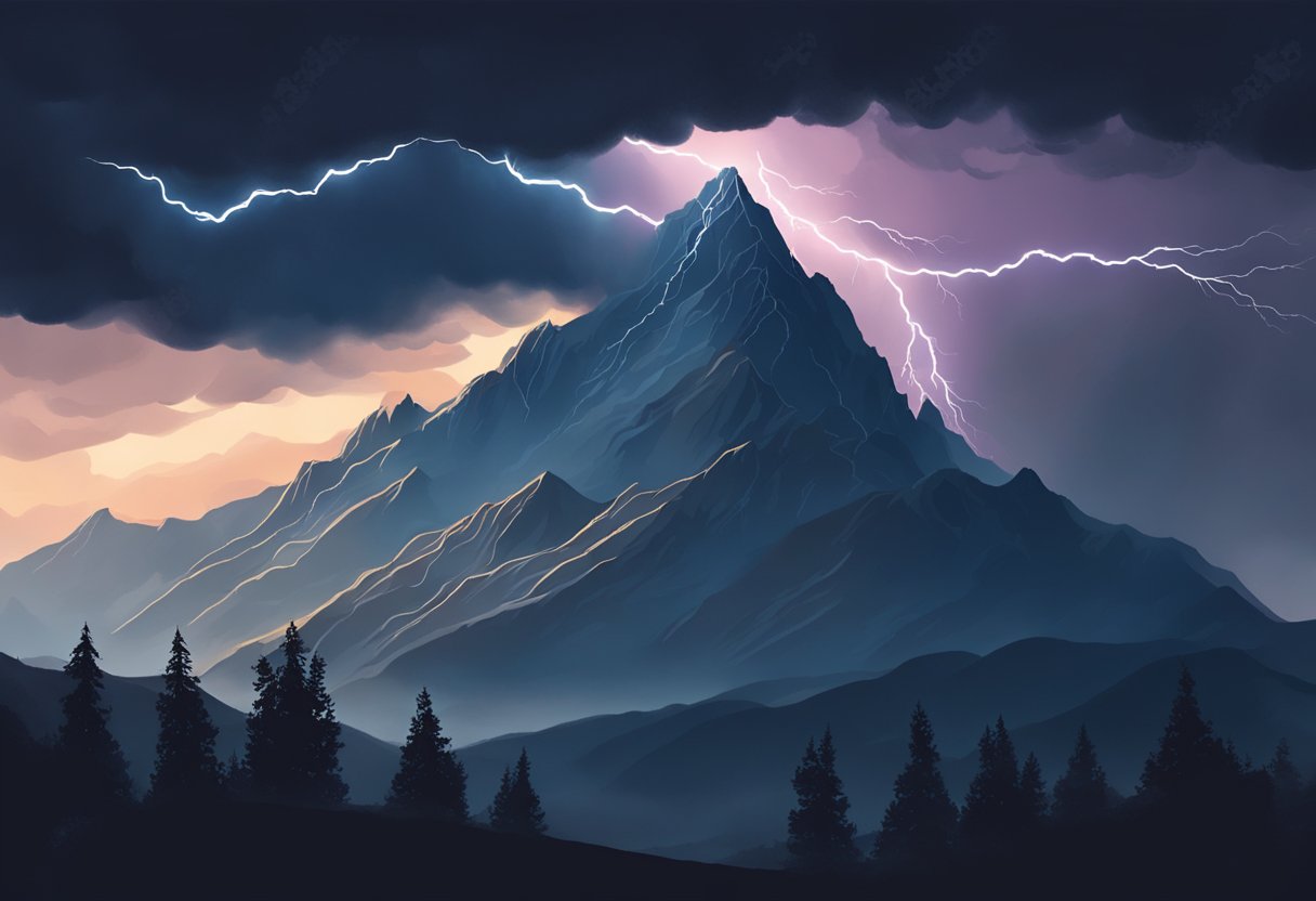 A stormy sky with lightning striking a mountain peak, casting a dramatic and ominous silhouette against the dark clouds