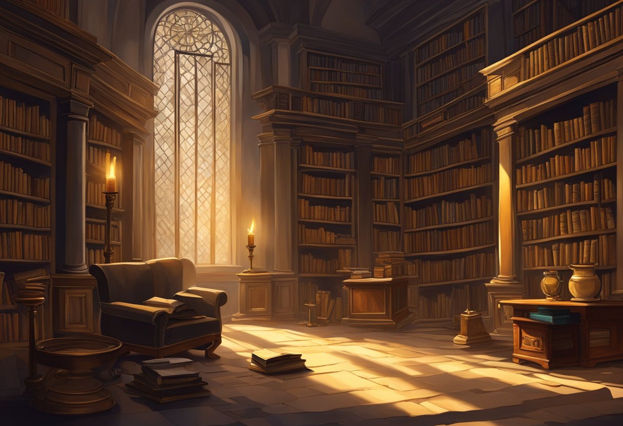 A dramatic scene set in an ancient library with scrolls and books scattered on the floor, a dimly lit oil lamp casting shadows on the walls