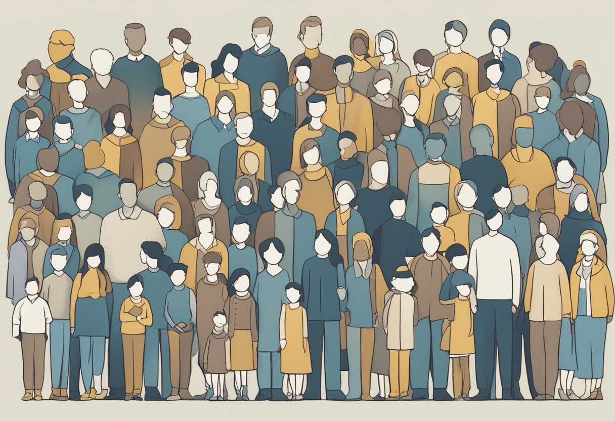 A person surrounded by silhouettes of family members, some fading away, while others are clearly outlined, representing the concept of fake relatives