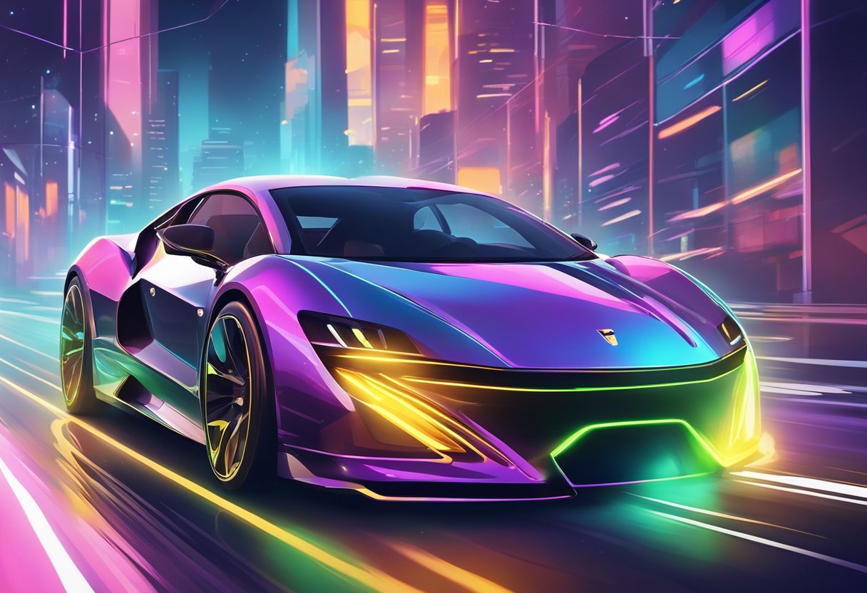 A sleek sports car races down a neon-lit city street, leaving a trail of smoke and sparks in its wake. The night sky is filled with stars and streaks of light as the car speeds on