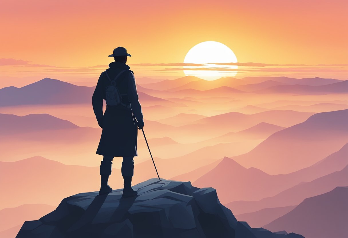 A lone figure stands atop a mountain, gazing out at a vast landscape. The sun sets behind them, casting a heroic silhouette against the sky