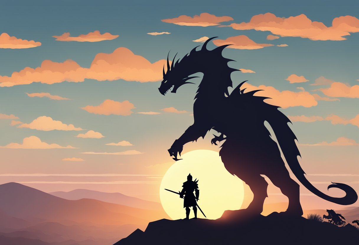 A knight standing on a hill, gazing at the sunset with a sword in hand. A dragon silhouette in the distance