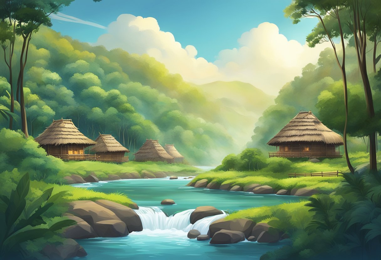 A serene landscape with traditional indigenous dwellings surrounded by lush forests and a flowing river