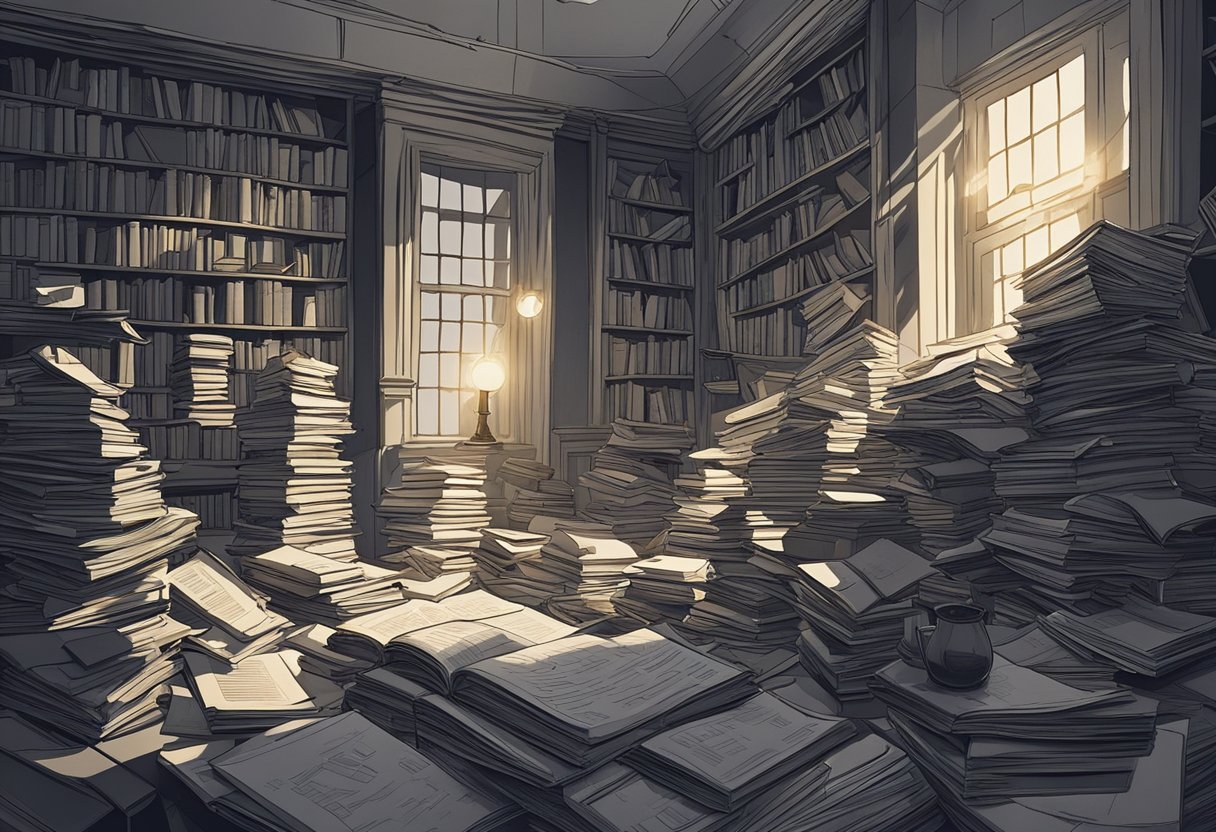 A chaotic tangle of books and papers scattered across a dimly lit room, with a single flickering candle casting eerie shadows on the walls