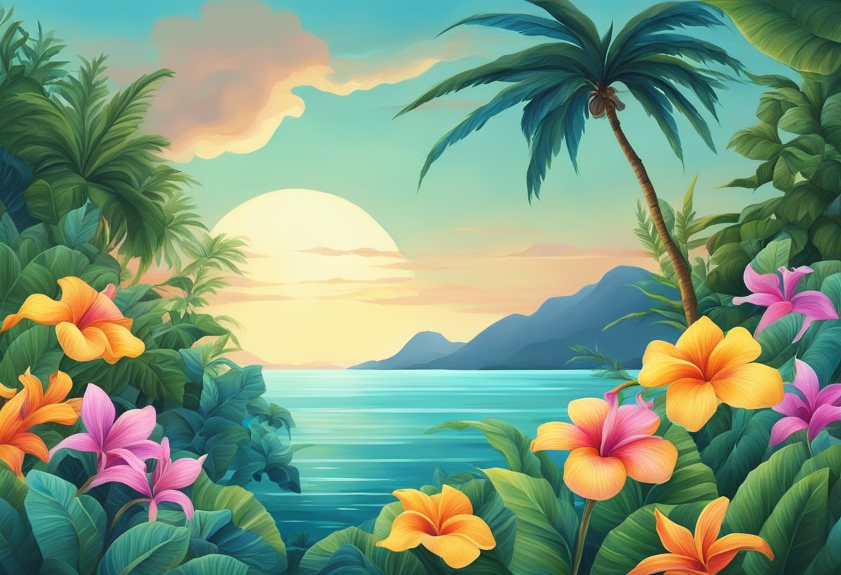 A lush tropical landscape with vibrant flowers and a tranquil sea, evoking the romantic and mysterious atmosphere of "Wide Sargasso Sea."