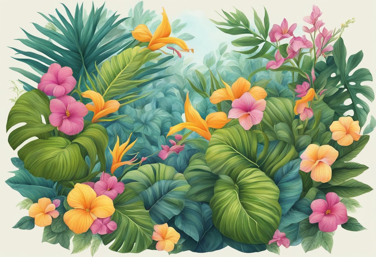 A lush tropical garden with vibrant flowers, a gentle breeze, and a pair of intertwined vines symbolizing the complex and entwined nature of love in "Wide Sargasso Sea."