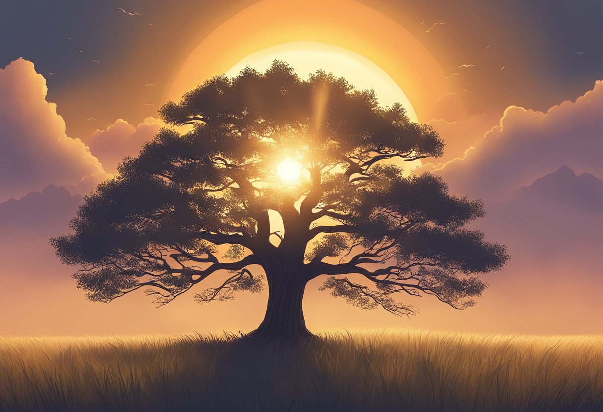 A lone tree stands in a clearing, its branches reaching out towards the sky. The sun sets in the background, casting a warm glow over the landscape