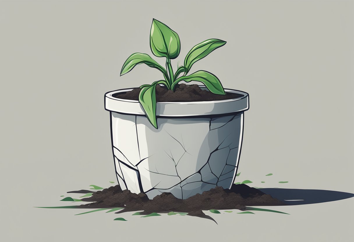 A wilted flower in a cracked pot, with a single green shoot emerging from the soil, symbolizing resilience and the opportunity for a second chance