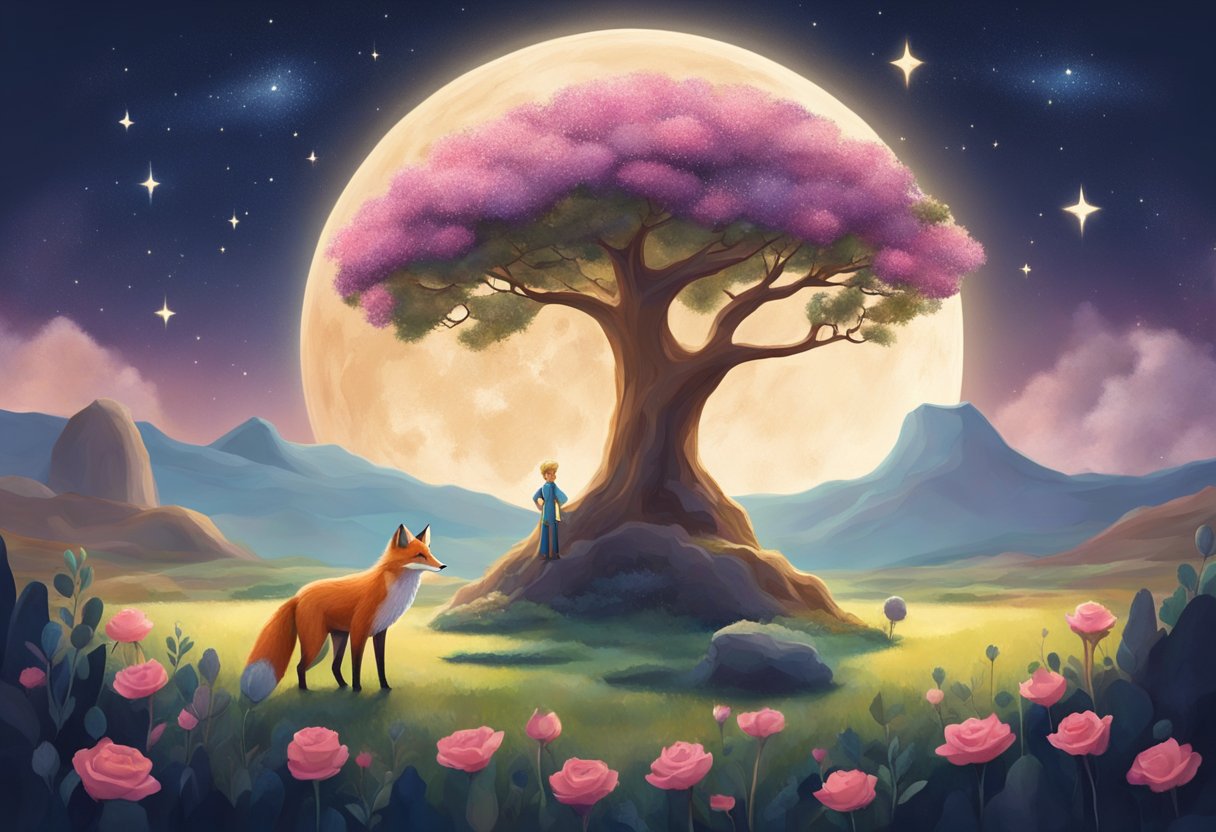 A small planet with a single rose, a fox, and a baobab tree. The little prince gazes at the stars