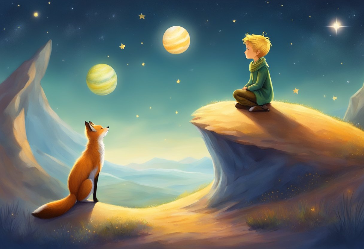 The Little Prince stands on a small planet, gazing at the stars with a thoughtful expression. His fox companion sits nearby, listening intently