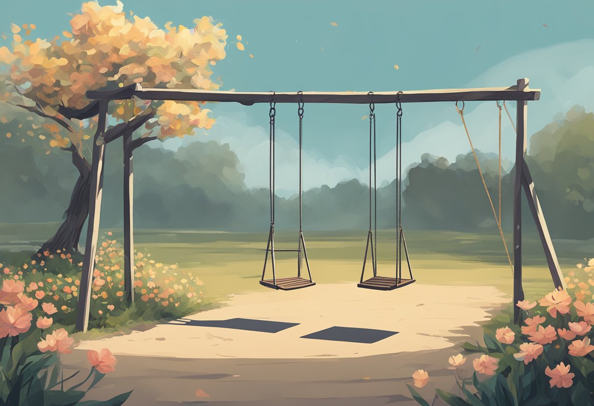 Two empty swings swaying in the breeze, one slightly higher than the other. A single, wilted flower resting on the ground between them