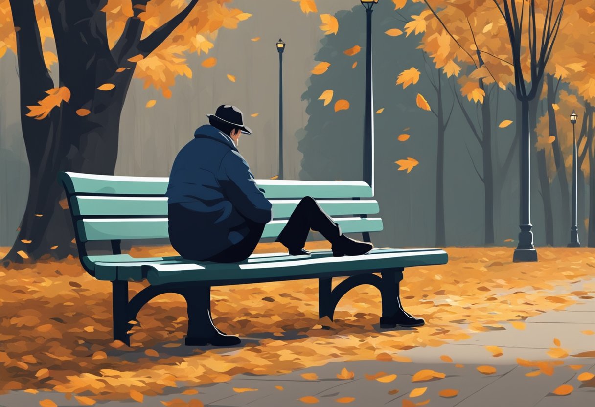 A solitary figure sits on a park bench, surrounded by fallen leaves. The atmosphere is somber, with a sense of longing and deep sadness