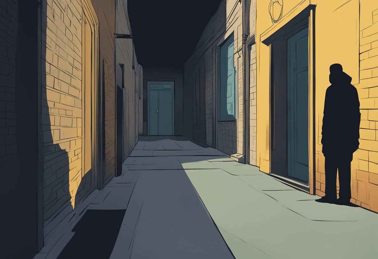 A lone figure stands in a shadowy alley, surrounded by looming, faceless silhouettes. The figure looks around warily, their posture tense and defensive