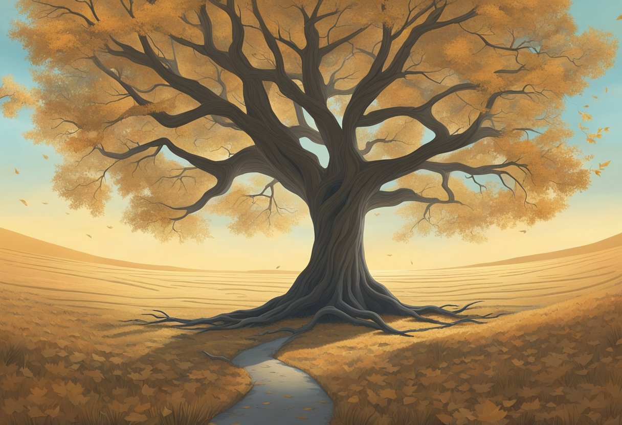 A lone tree stands in a vast, empty landscape, its branches reaching towards the sky. The tree is surrounded by a circle of fallen leaves, symbolizing the fragility and isolation of trust