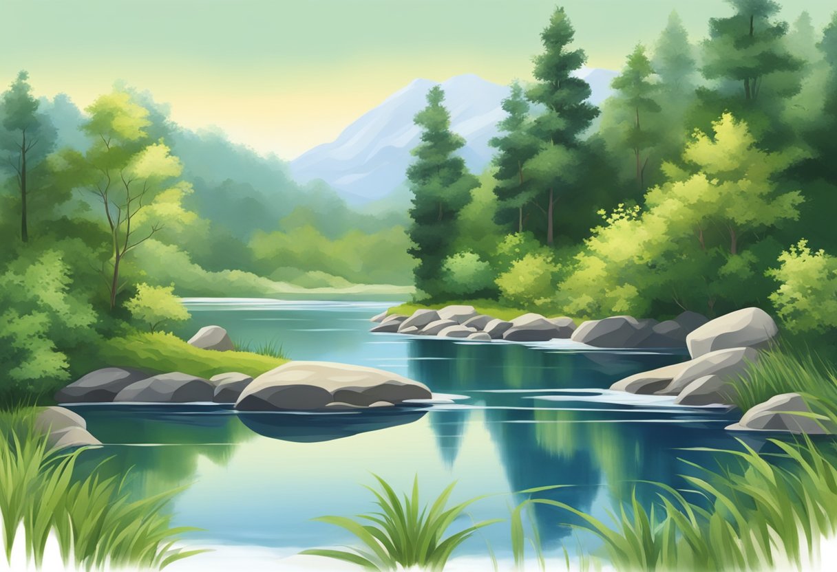 A serene lake surrounded by lush greenery reflects the clear blue sky above. A gentle stream winds its way through the landscape, creating a soothing melody as it flows over smooth rocks