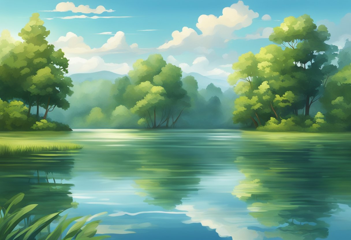 A serene lake reflecting the sky, surrounded by lush greenery and a gentle breeze rippling the water's surface