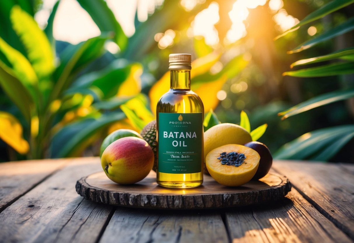 A bottle of batana oil sits on a rustic wooden table, surrounded by colorful tropical fruits and leaves. The warm sunlight filters through the foliage, creating a serene and natural setting