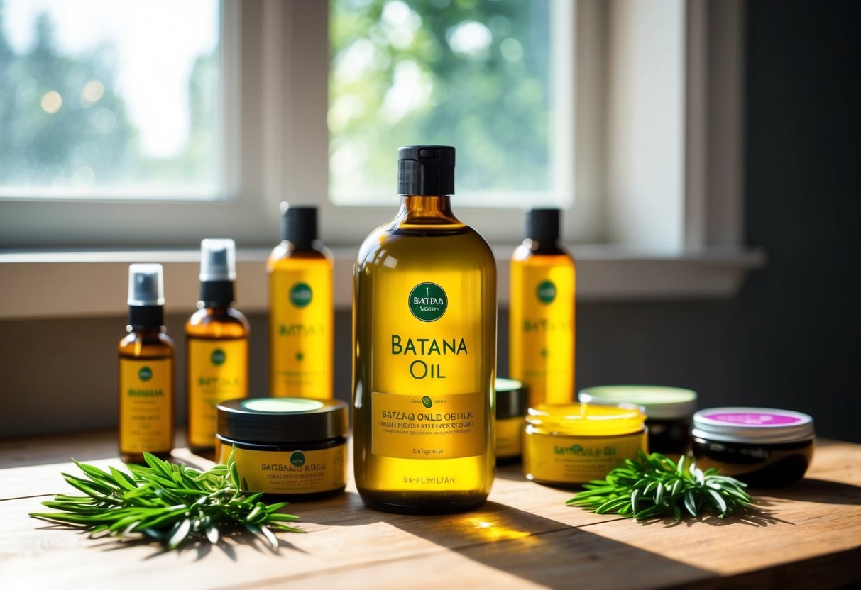 A bottle of batana oil sits on a wooden table surrounded by various hair care products. Sunlight streams through a window, casting a warm glow on the oil