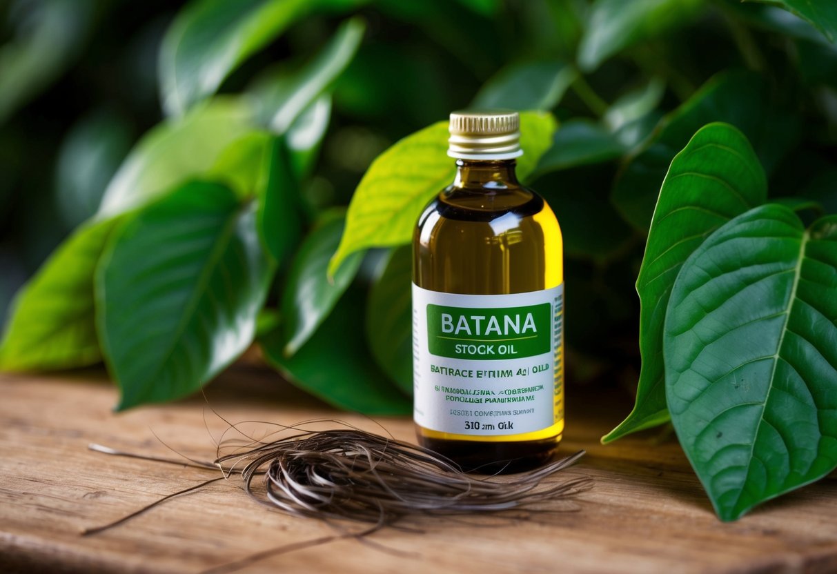 A bottle of batana oil sits on a wooden surface, surrounded by lush green leaves and a few fallen strands of hair