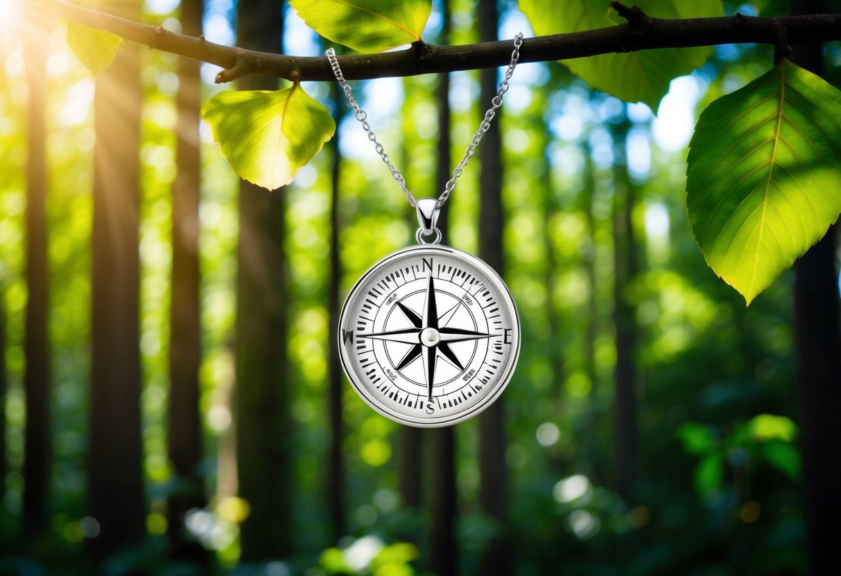 A personalized compass necklace hanging from a branch in a dense forest, with sunlight streaming through the leaves onto the pendant