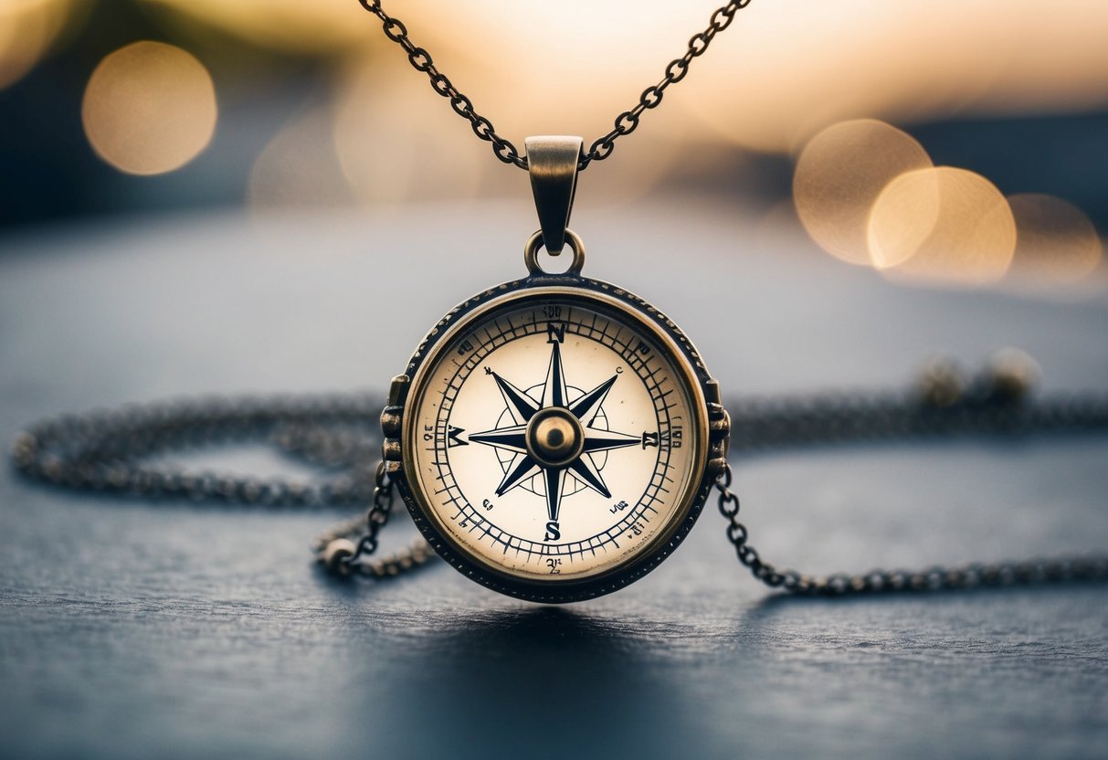 A compass necklace suspended from a delicate chain, personalized with initials. The pendant features a vintage-inspired design, with intricate detailing and a small, functional compass at its center