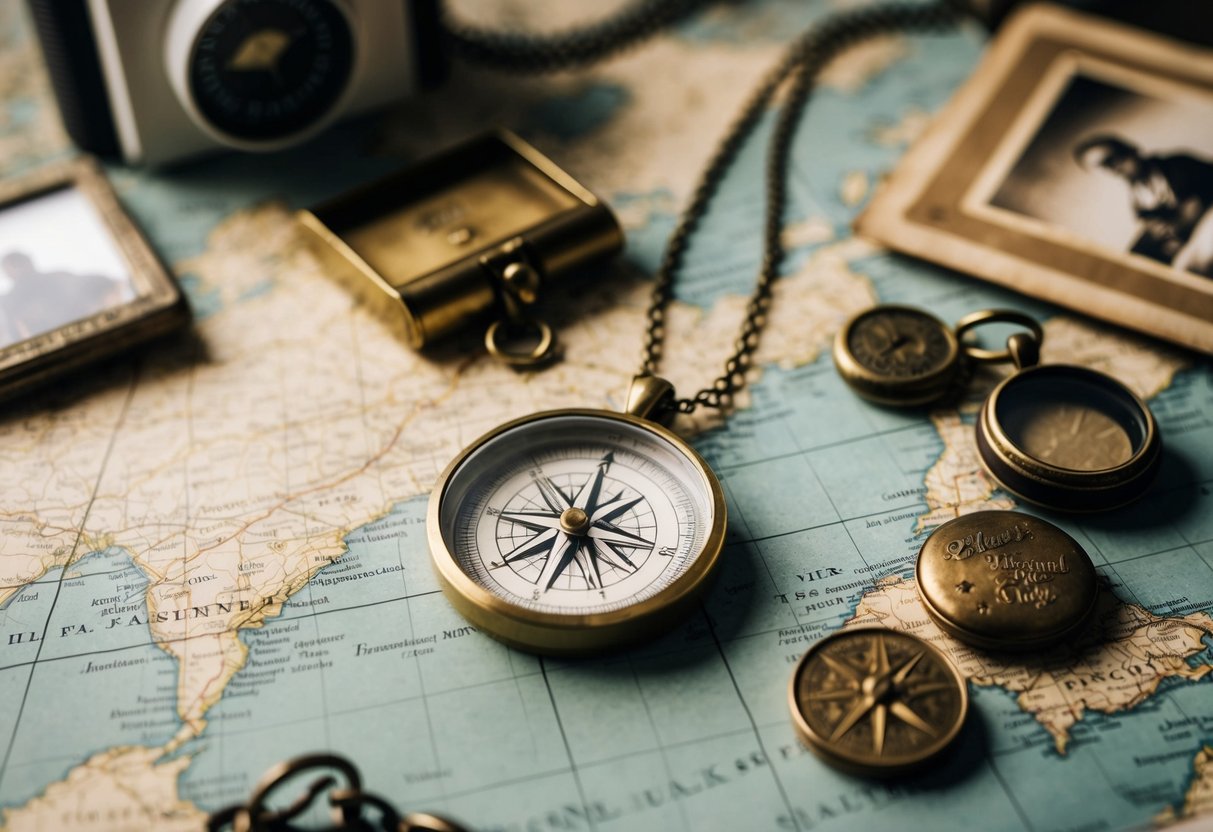 A personalized compass necklace lies on a weathered map, surrounded by vintage travel trinkets and a faded photograph