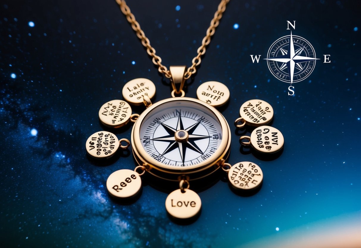 A compass necklace surrounded by personalized charms, set against a backdrop of a starry night sky and a compass rose