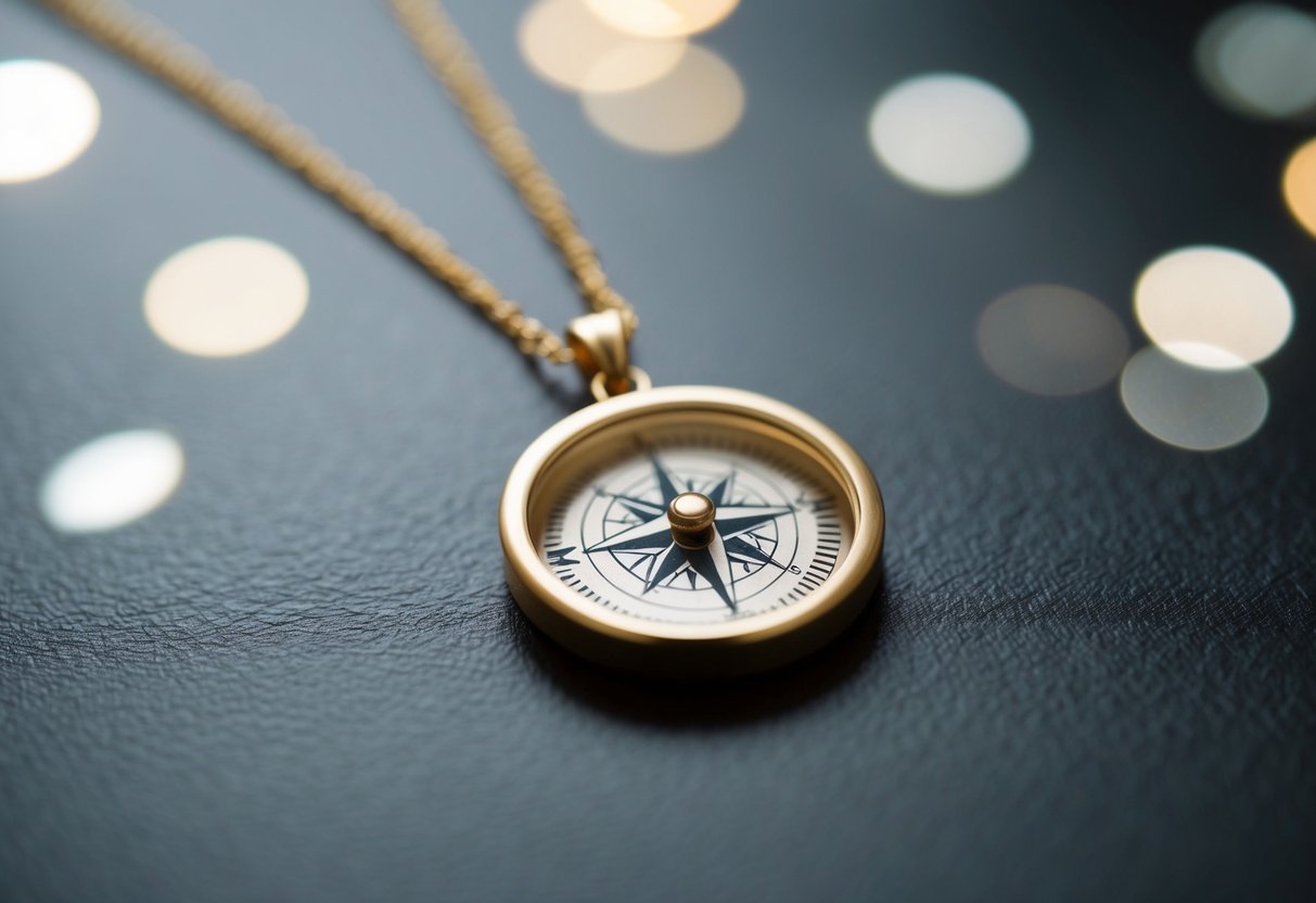 A close-up of a personalized compass necklace, showcasing intricate craftsmanship and delicate details