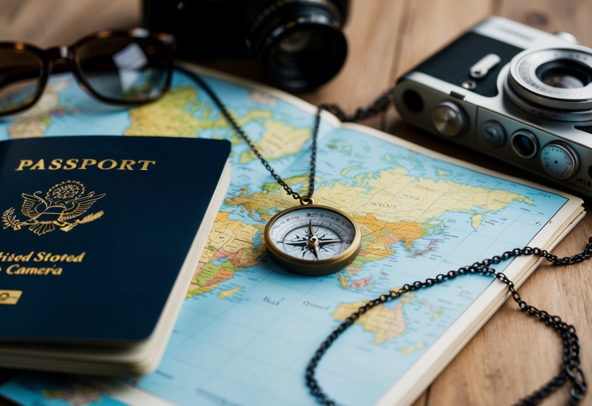 A compass necklace hangs from a slender chain, draped over a folded map and surrounded by travel essentials like a passport and camera