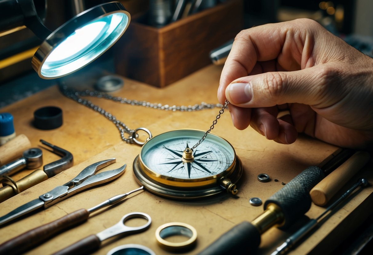 A handcrafted compass necklace being gently polished and inspected under a magnifying glass on a workbench surrounded by various tools and materials