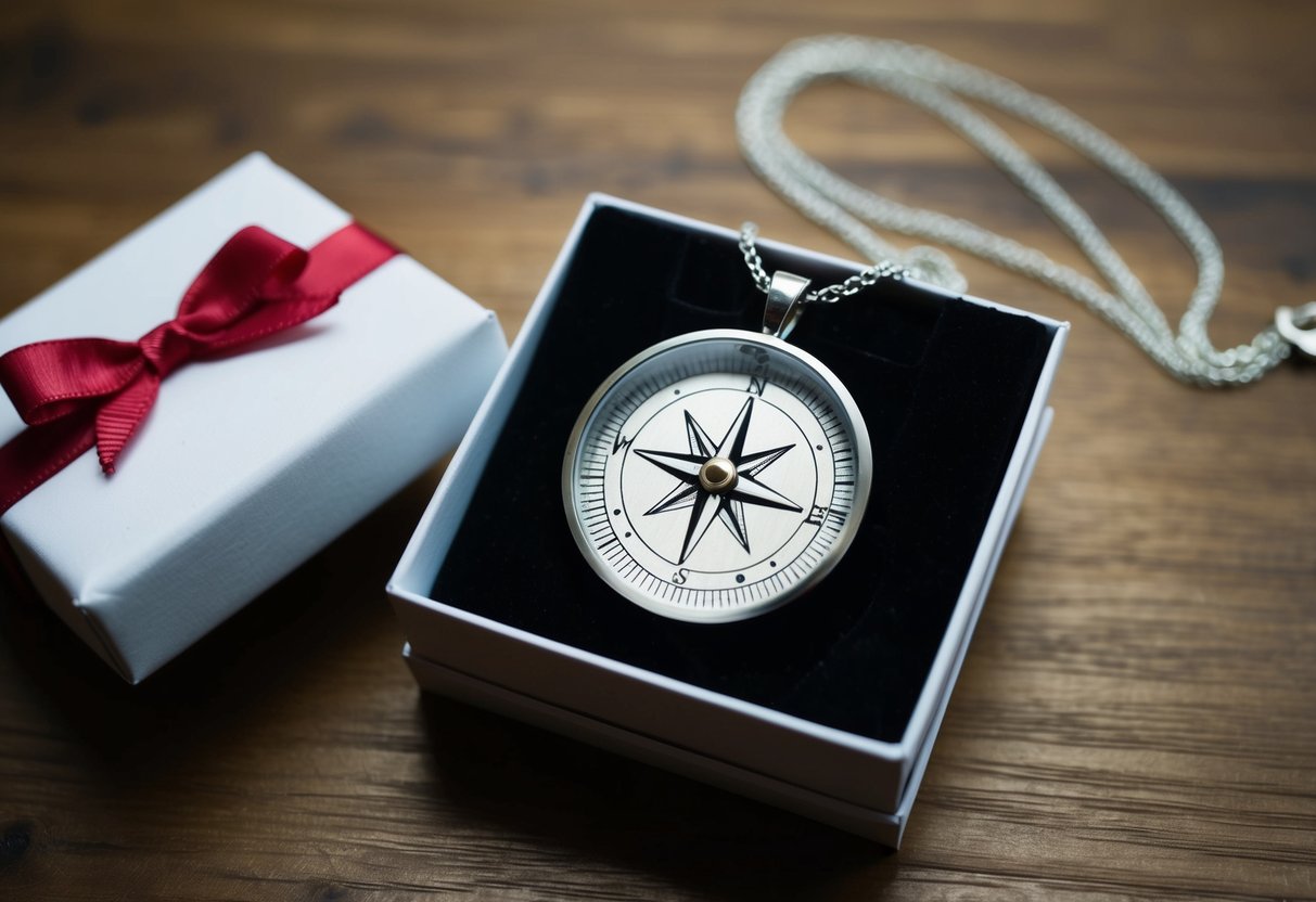 A handcrafted compass necklace with a personalized engraving. A gift box and ribbon add a touch of elegance