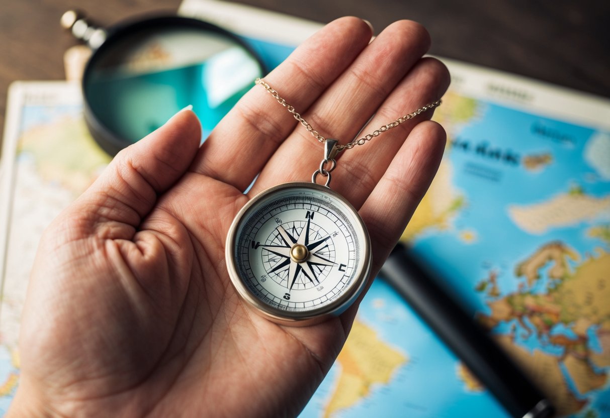 A hand holding a personalized compass necklace, with a magnifying glass and a map in the background