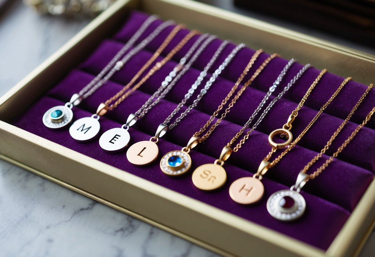 A collection of personalized necklaces displayed on a velvet-lined tray, each one featuring unique charms, initials, or birthstones