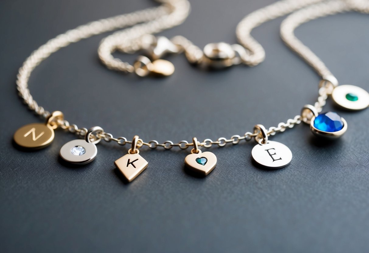 A delicate chain necklace with various charms and pendants, each representing a different customization option such as initials, birthstones, or meaningful symbols