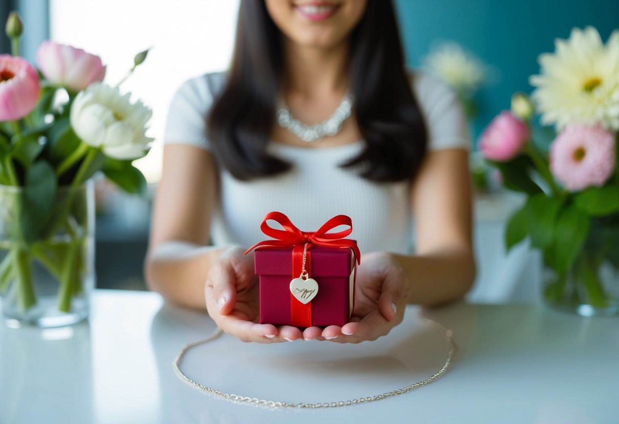 A person holding a personalized necklace with a small gift box and a ribbon on a table with flowers in the background