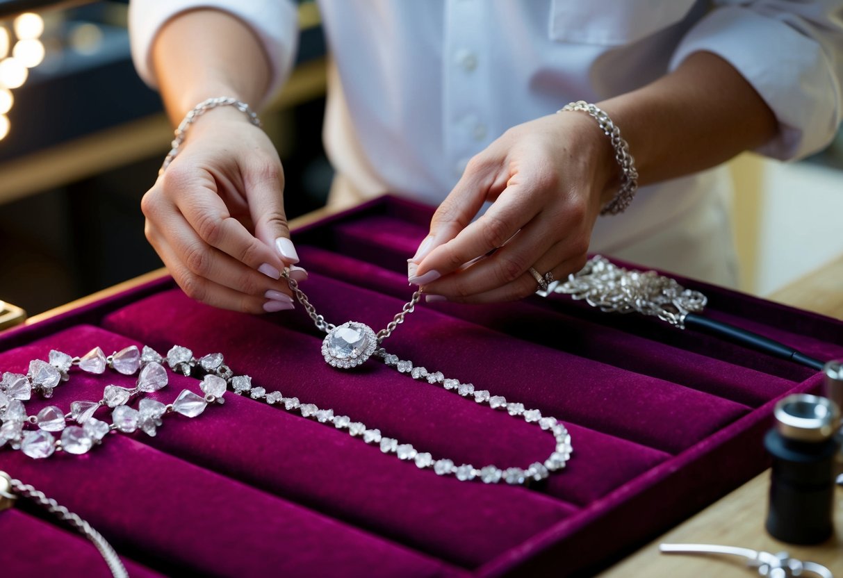 A jeweler carefully selects sparkling gemstones and delicate chains, arranging them on a velvet-lined workbench to create a personalized necklace