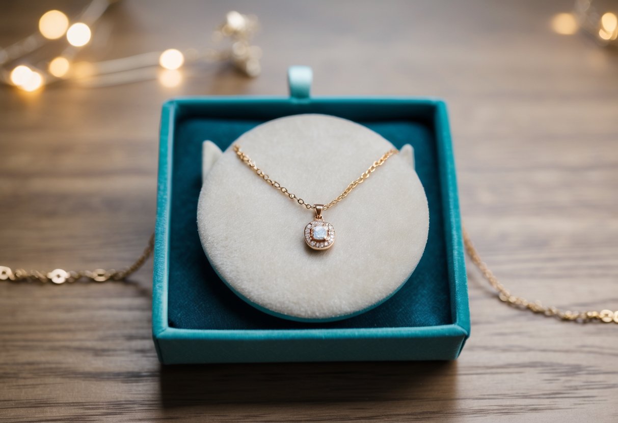 A delicate, personalized necklace displayed on a velvet cushion with a dainty chain and a small, shimmering pendant