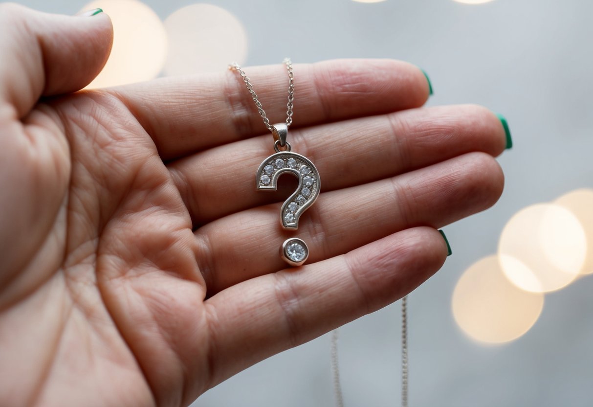 A hand holding a delicate, personalized necklace with a small charm in the shape of a question mark