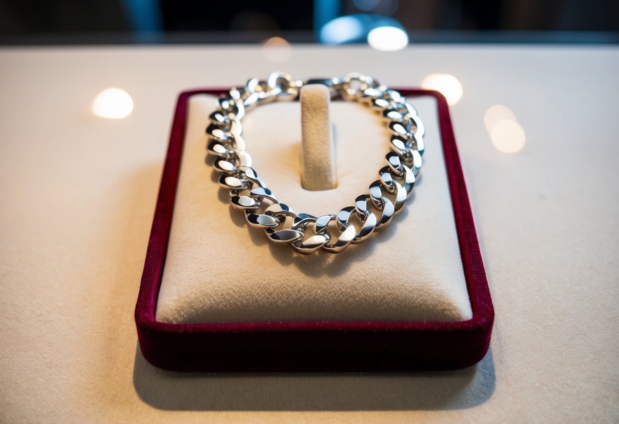 A custom figaro chain lies on a velvet jewelry display, catching the light with its intricate links and polished finish