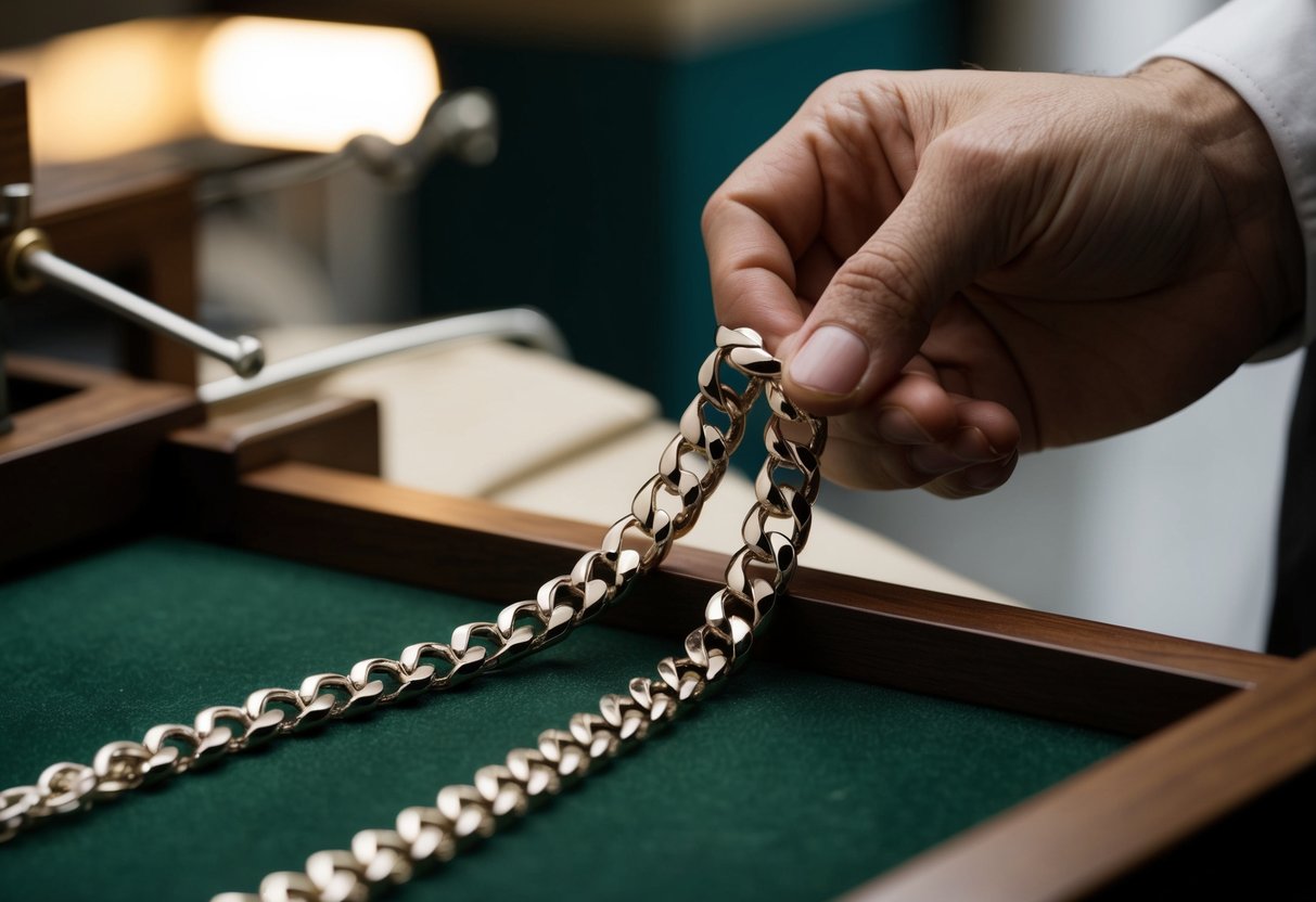 A custom figaro chain being crafted by a skilled artisan, with intricate links and a polished finish, showcasing the history and craftsmanship of this timeless accessory