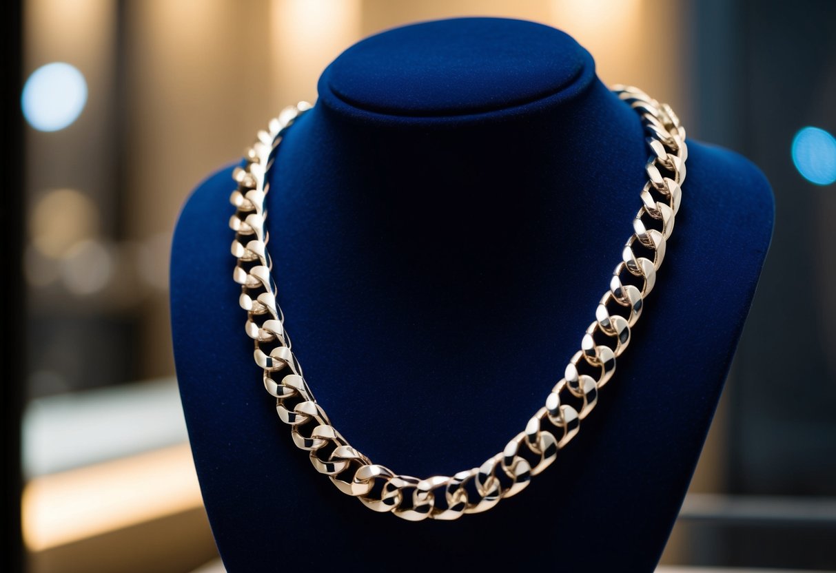 A gleaming figaro chain hangs from a velvet display, catching the light with its intricate links and polished finish