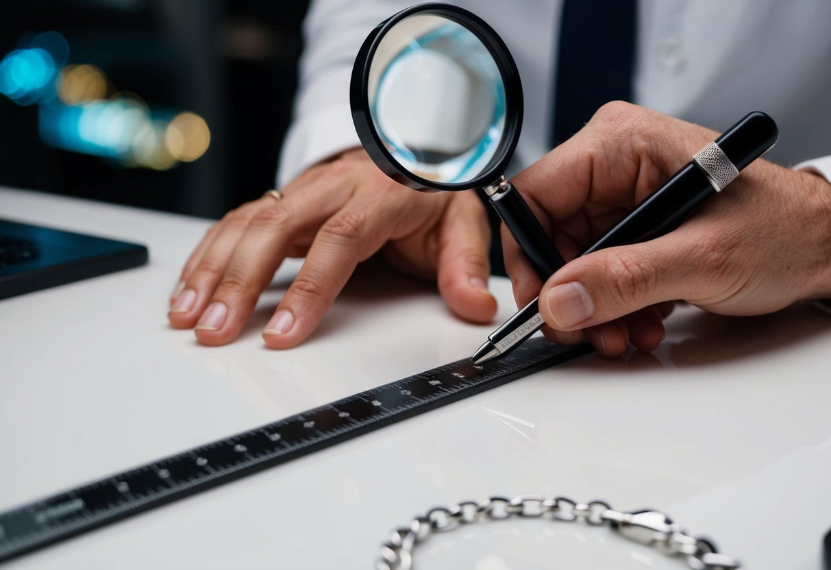 A hand holding a ruler measures the width of a custom figaro chain, while a magnifying glass is used to inspect the intricate details of the chain's design