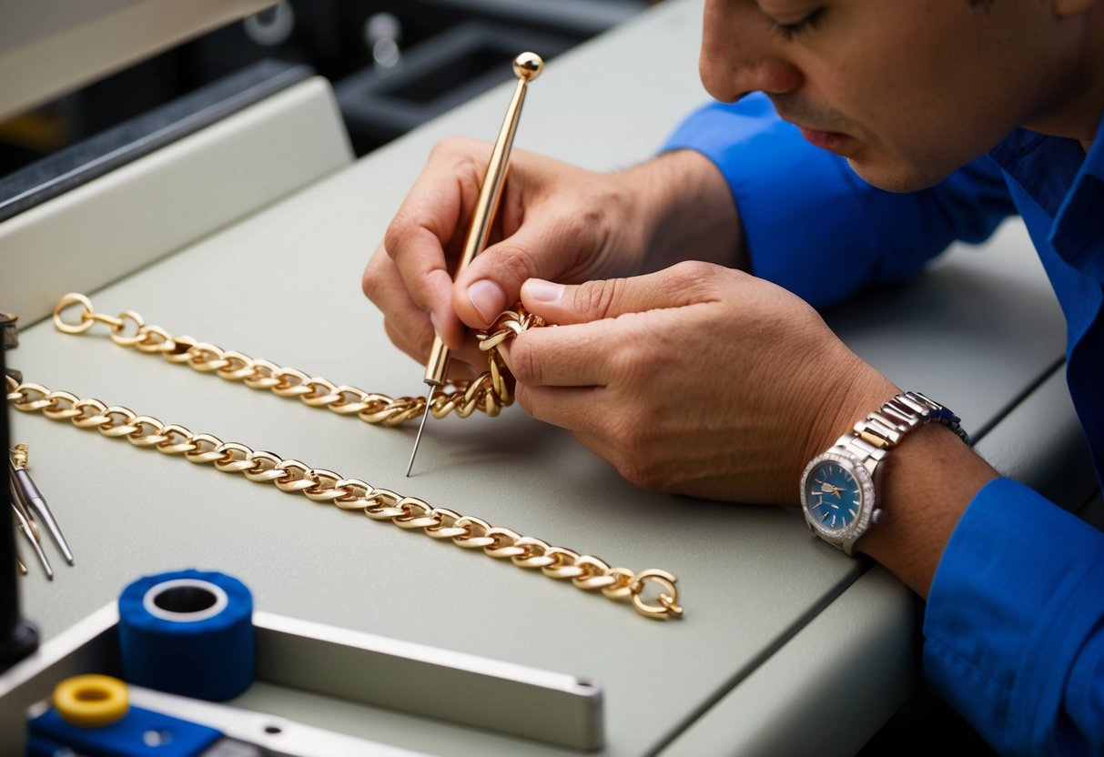 A jeweler carefully polishing and inspecting a custom figaro chain for imperfections and ensuring its quality