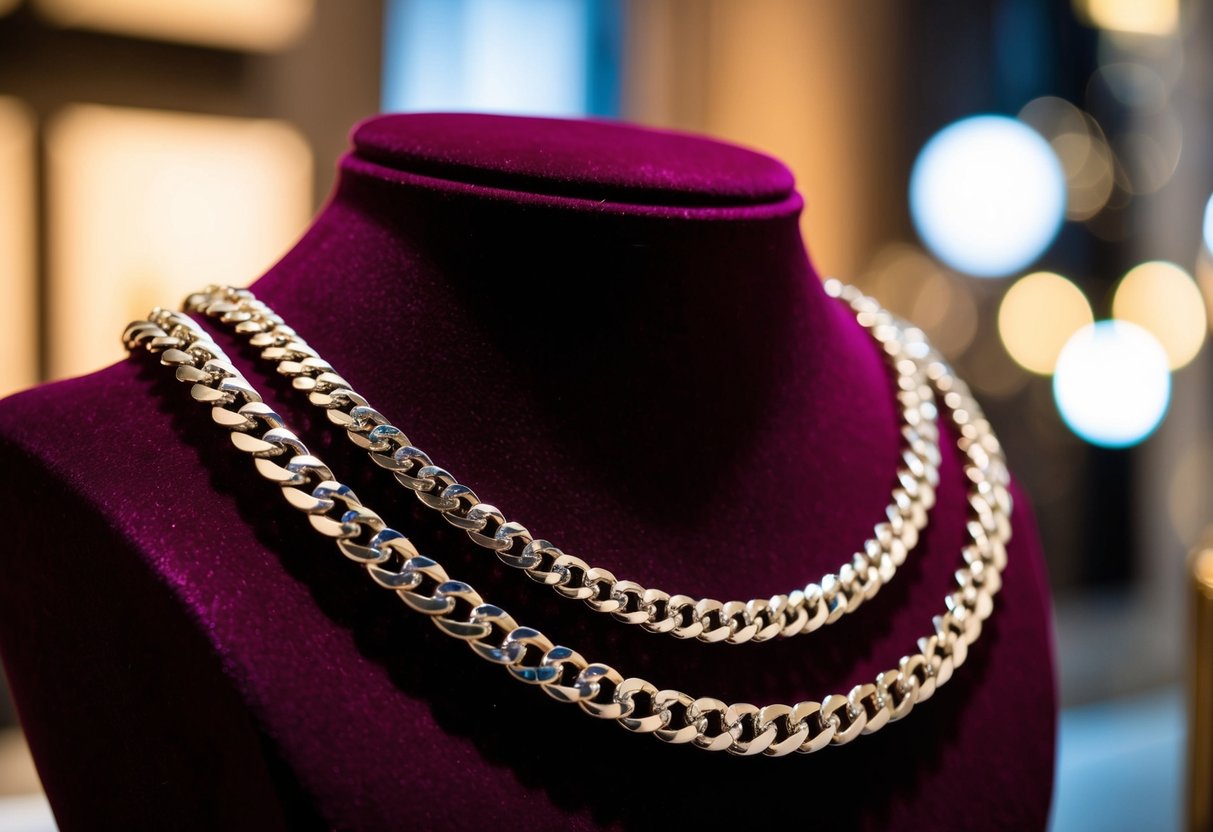 A gleaming custom figaro chain drapes across a velvet display, catching the light with its intricate links and polished finish