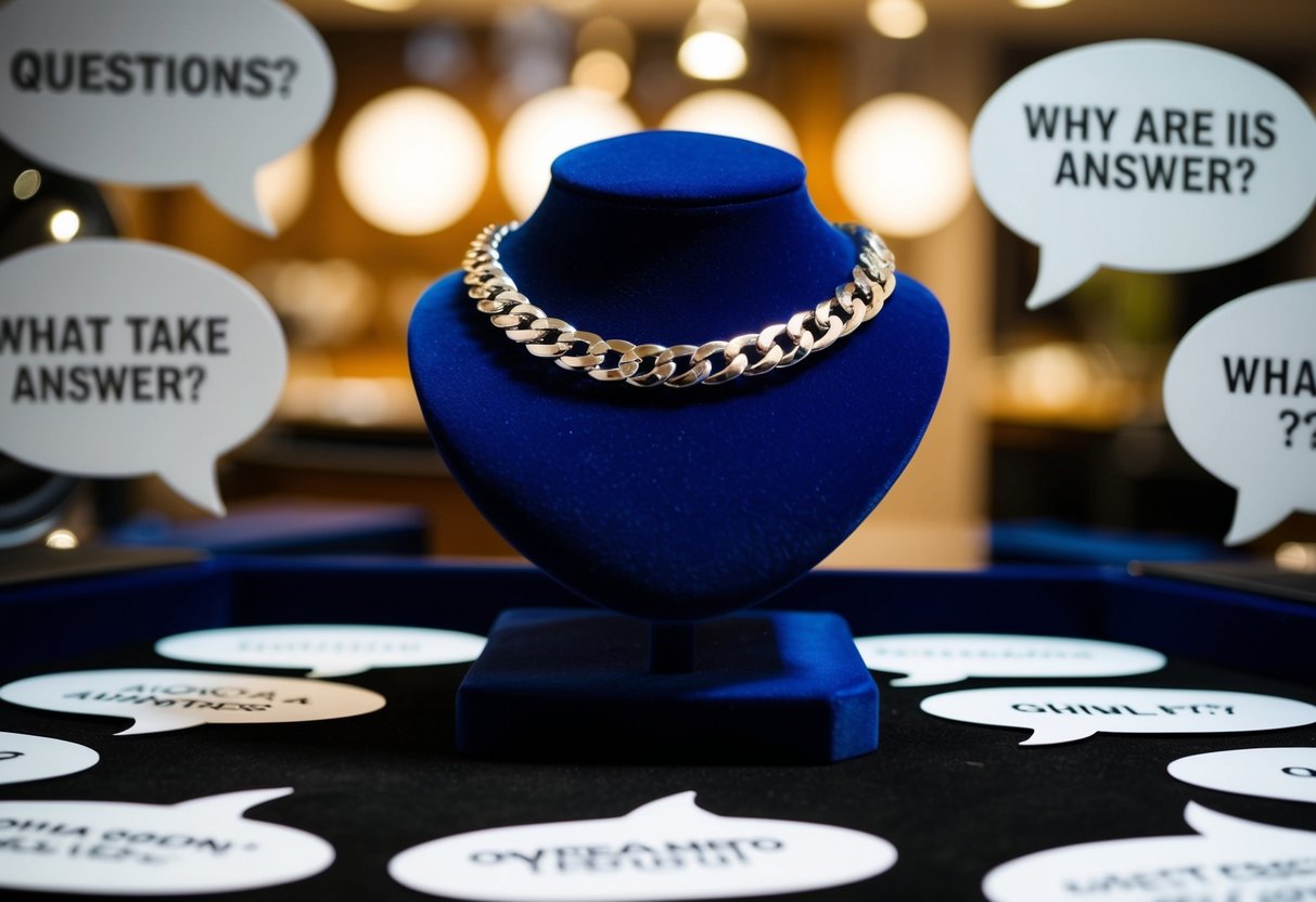 A shiny custom figaro chain on a velvet display, surrounded by various questions and answers in speech bubbles