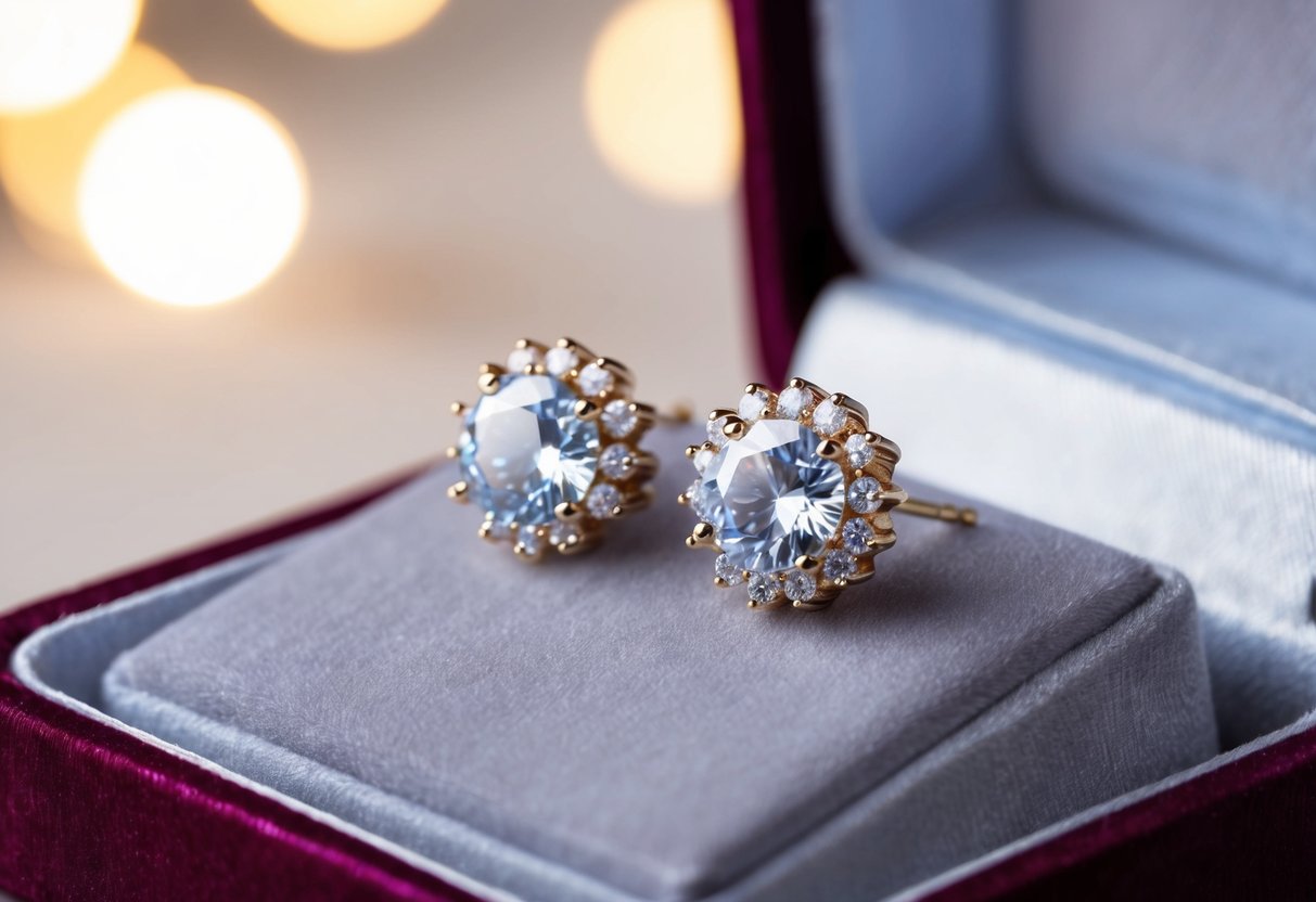 A pair of personalized cubic zirconia earrings displayed on a velvet cushion in a jewelry box with soft lighting accentuating their sparkle