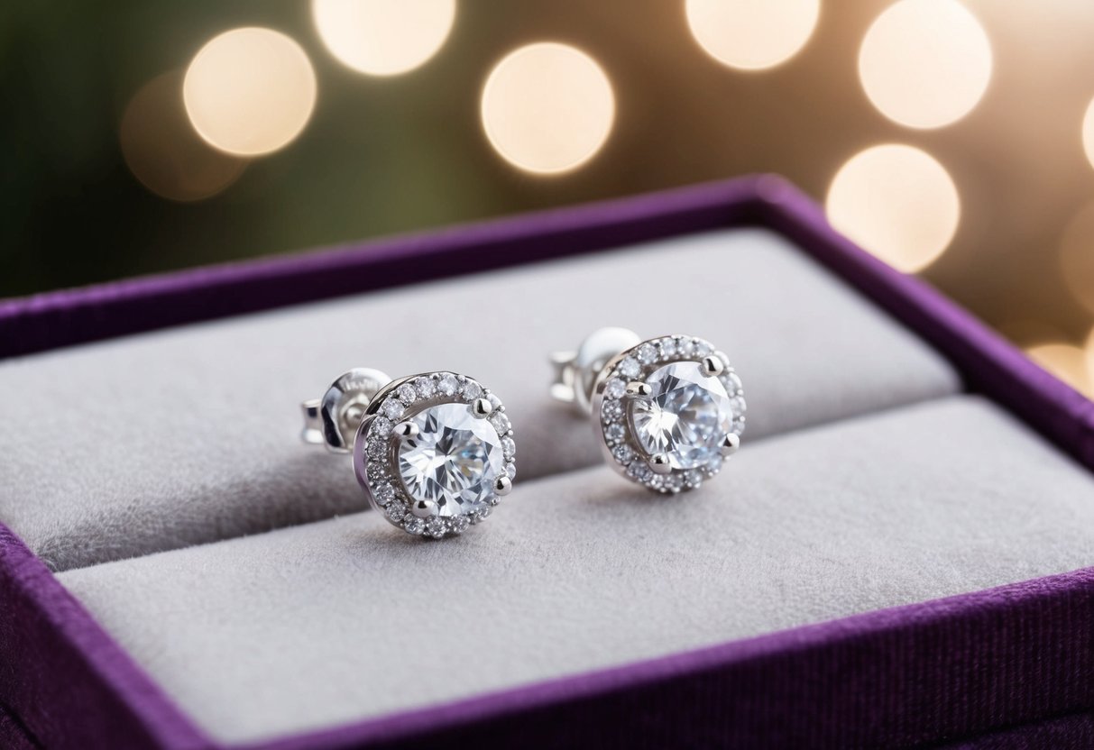 A sparkling pair of personalized cubic zirconia earrings on a velvet jewelry box, with the recipient's initials engraved on the silver studs