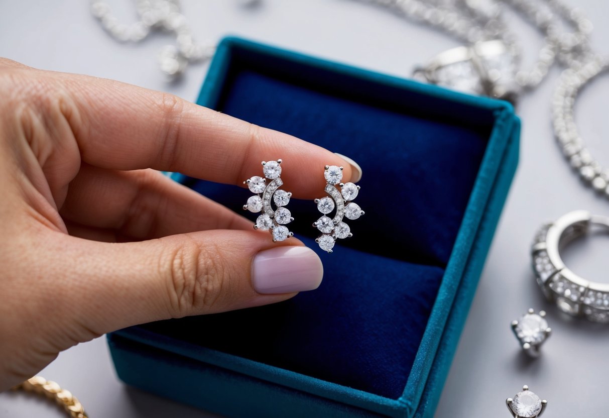 A hand holding a pair of personalized cubic zirconia earrings, with intricate detailing and sparkling gems, displayed on a velvet-lined jewelry box